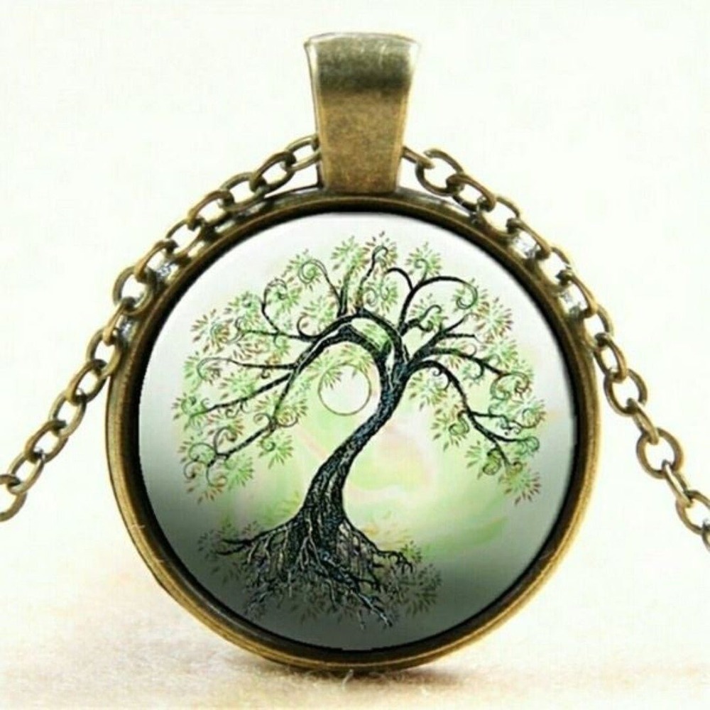 Tree of Life Crescent Moon Necklace Spooky Halloween Antique Bronze 20" Chain